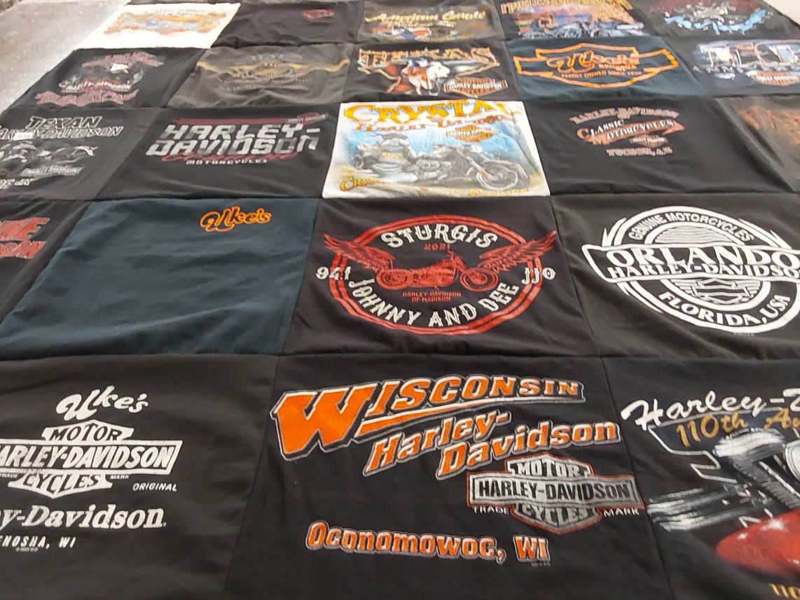 T-shirt quilt with motorcycles, biking themes by Dawn from WI