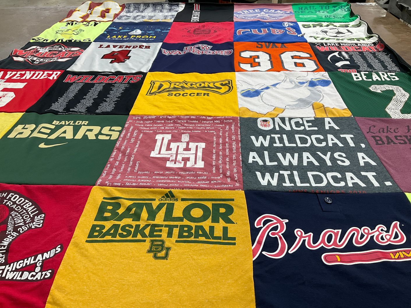 T-shirt quilt featuring baylor bears, lake high school wildcats by Laura from TX