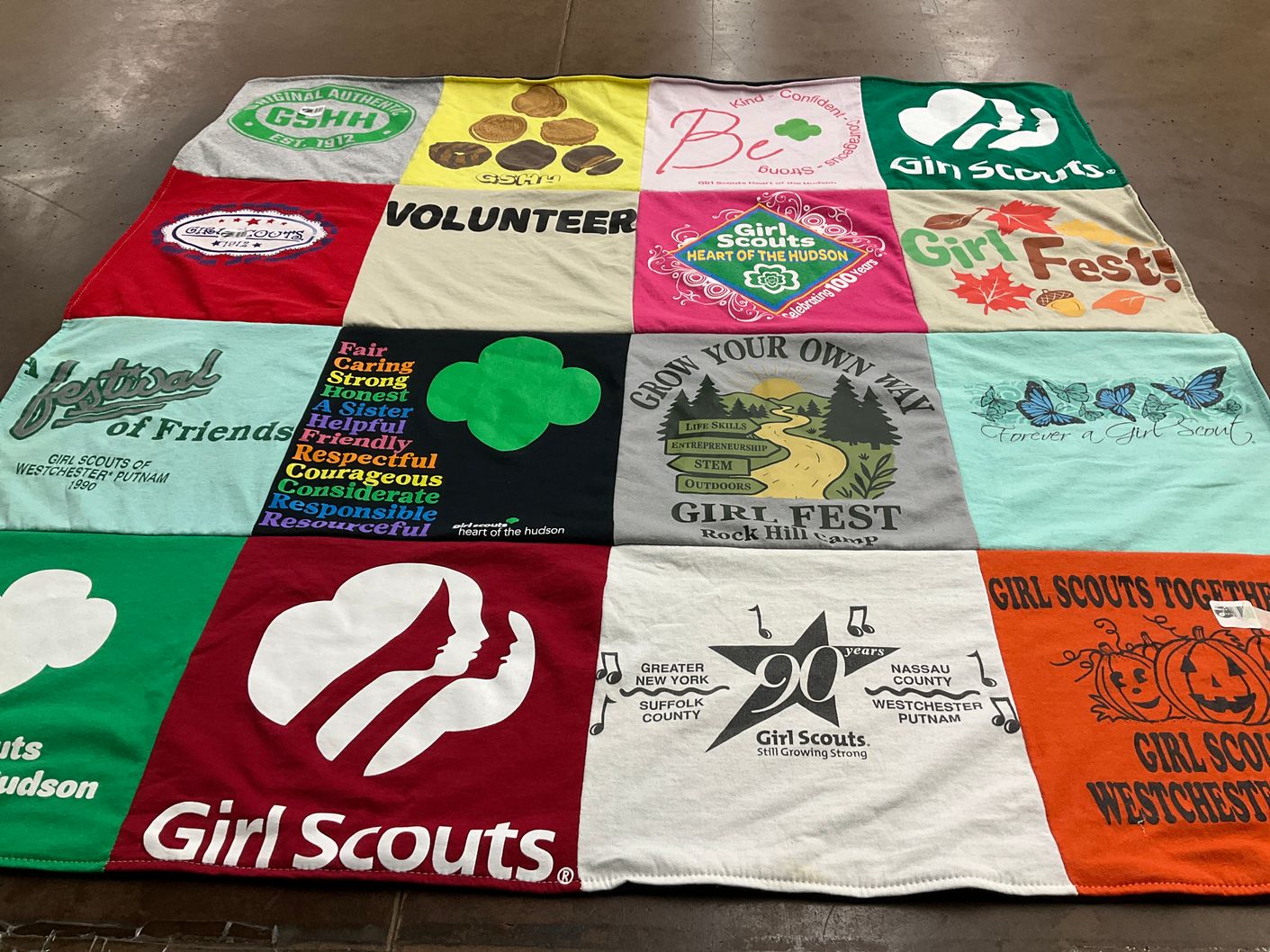 T-shirt quilt with girl scouts, community service themes by Lauren from NY