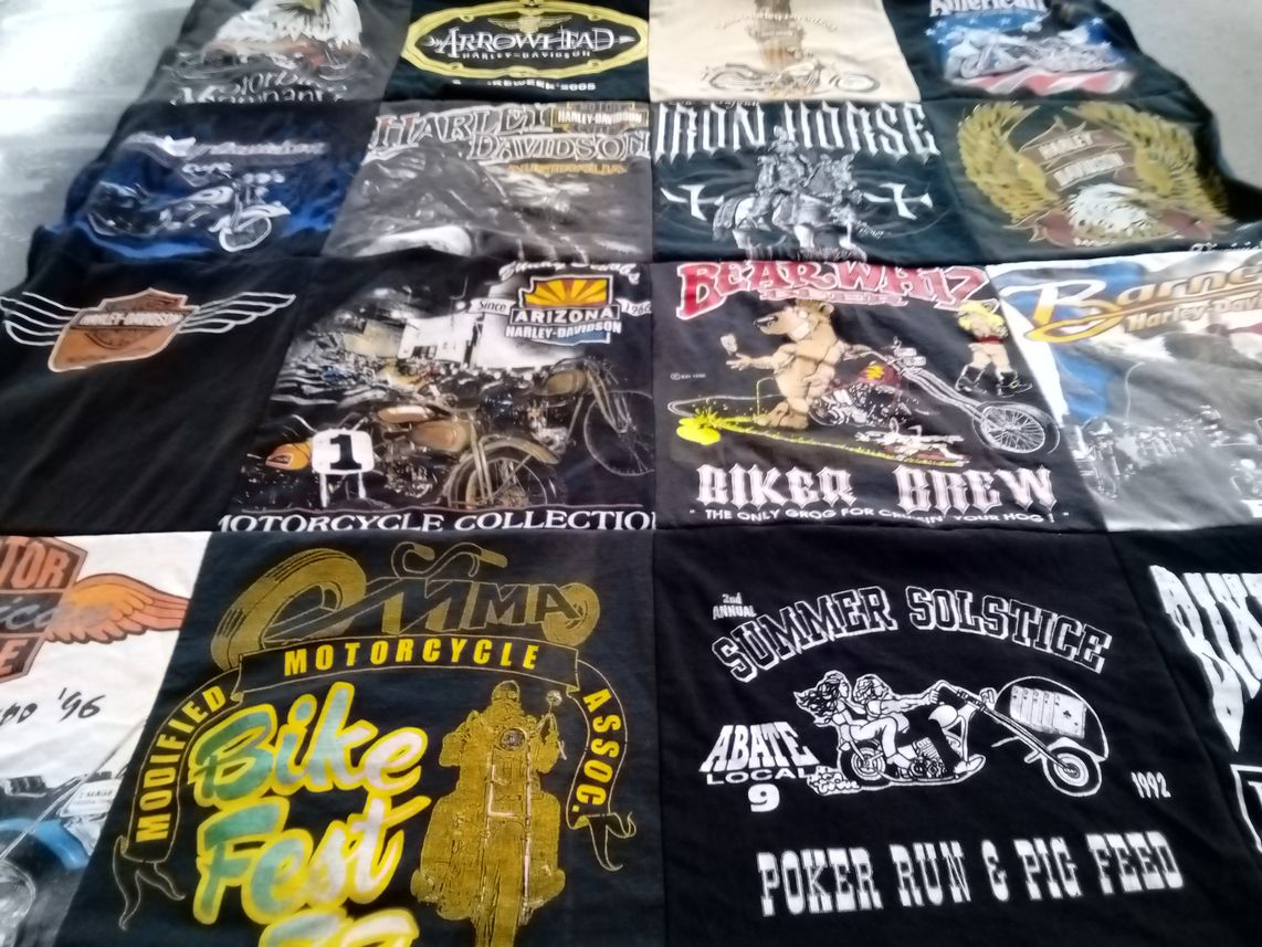 T-shirt quilt with motorcycles, biking themes by Juan from AZ