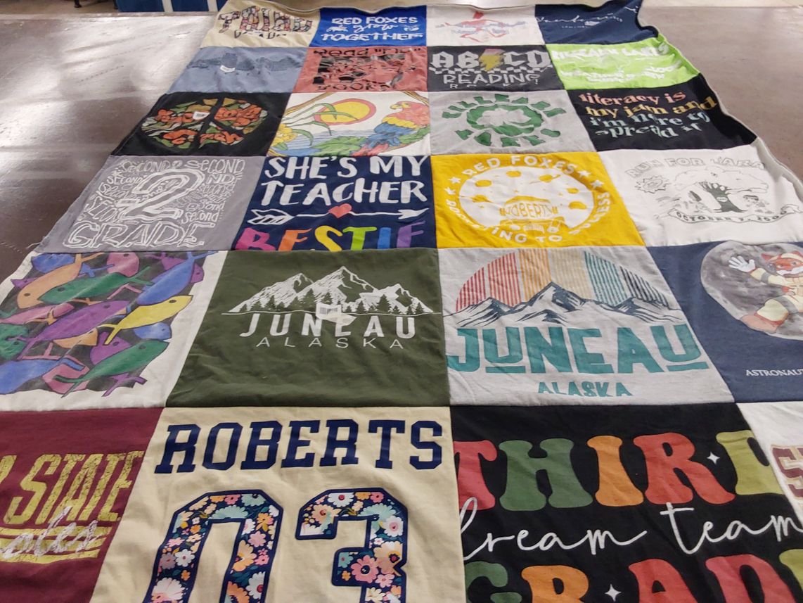T-shirt quilt with education, teaching themes by Lisa from FL