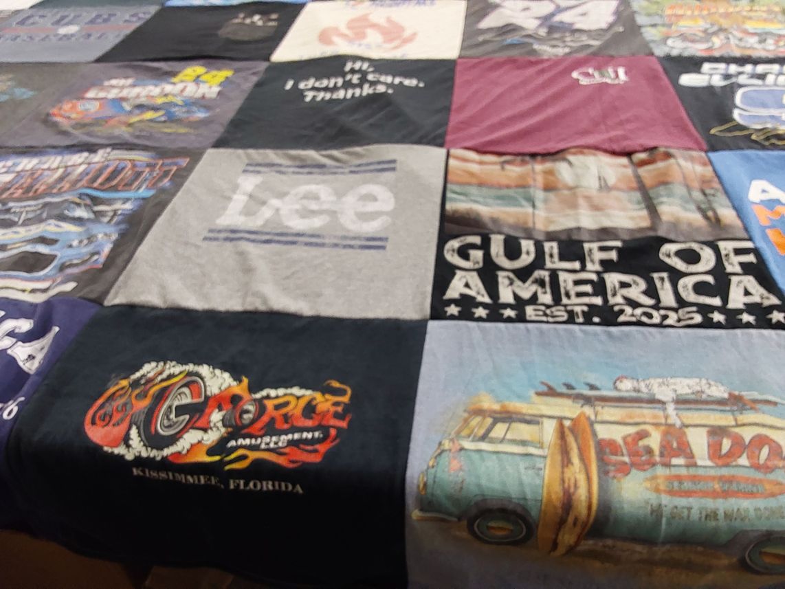 T-shirt quilt with beach, surfing themes by Donna from FL