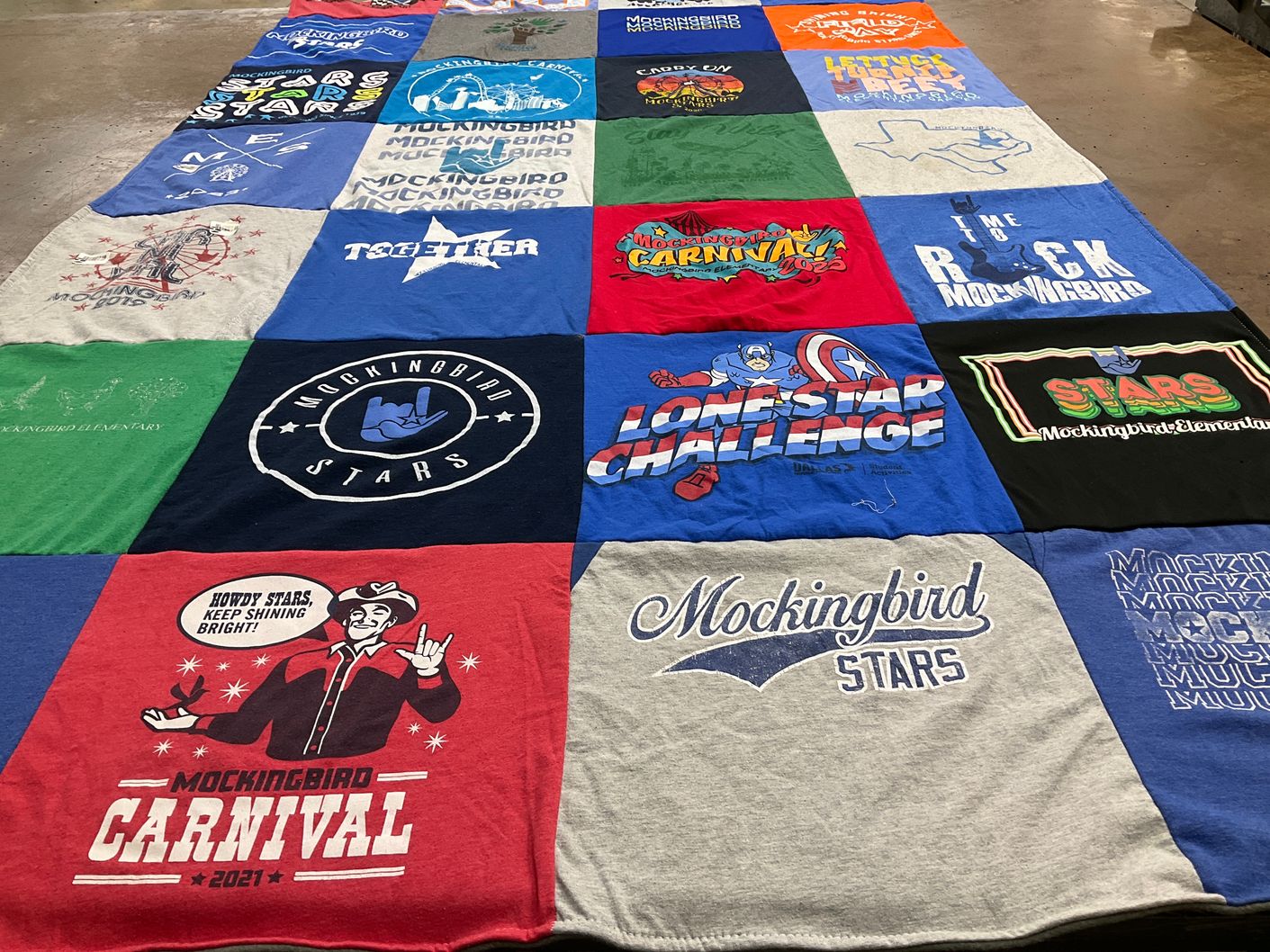 T-shirt quilt featuring mockingbird stars by Cortney from TX