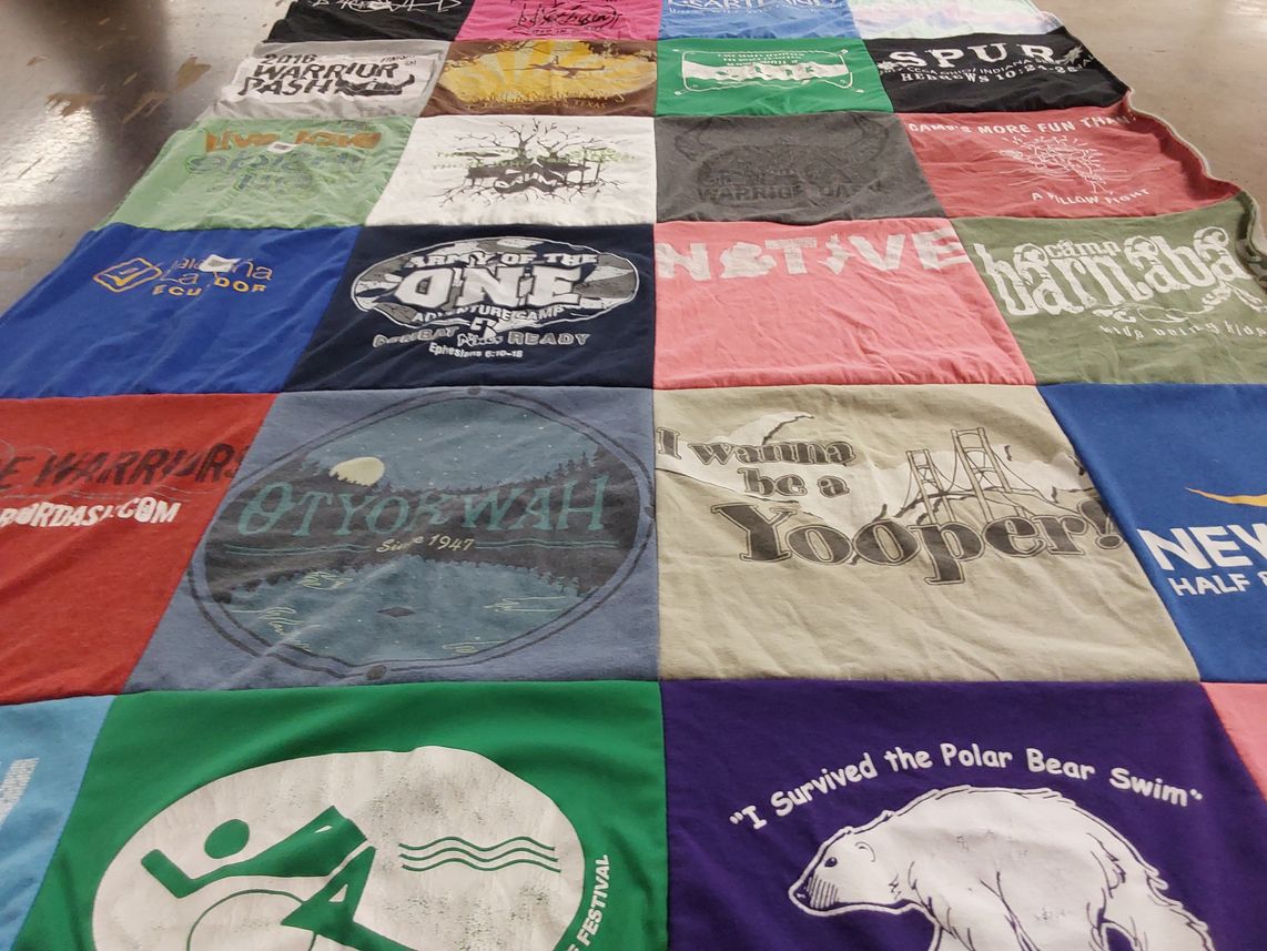 T-shirt quilt with outdoor activities, camping themes by Steve from MI