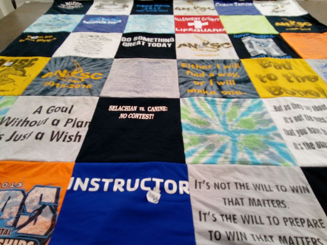 T-shirt quilt with swimming, lifeguarding themes by Taylor from PA