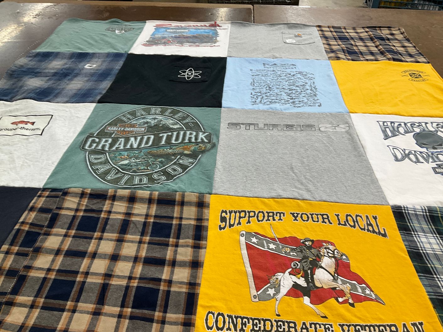 T-shirt quilt with motorcycles, travel themes by Mary from KY