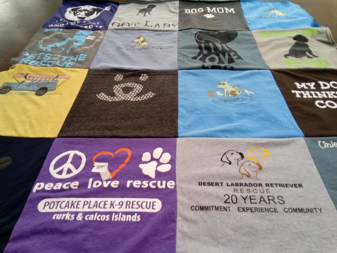 T-shirt quilt with dog rescue, animal welfare themes by Denise from AZ