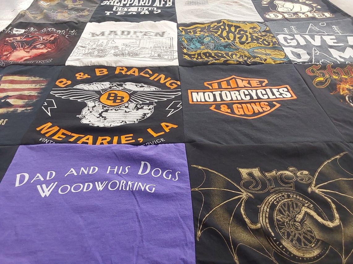T-shirt quilt with motorcycles, racing themes by Michaele from AZ