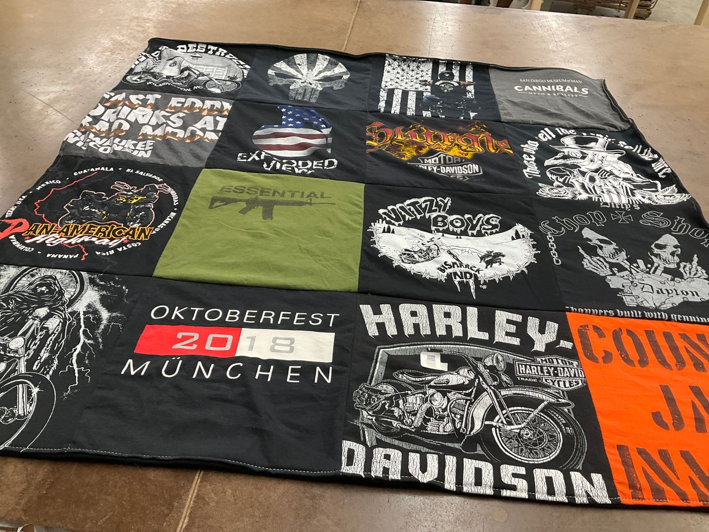 T-shirt quilt with motorcycles, biking themes by Michaele from AZ
