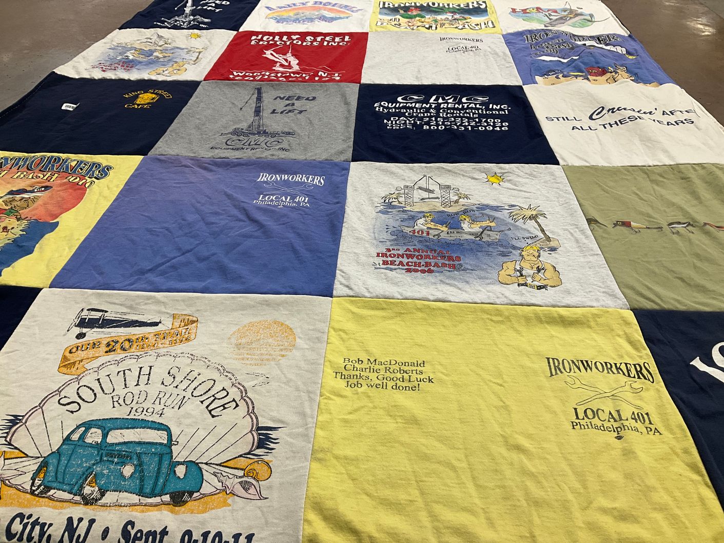T-shirt quilt with construction, beach themes by Lori from NJ