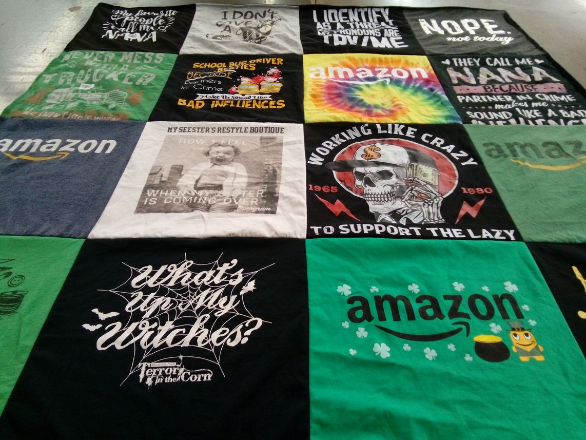 T-shirt quilt with humor, hobbies themes by Ramona from AZ