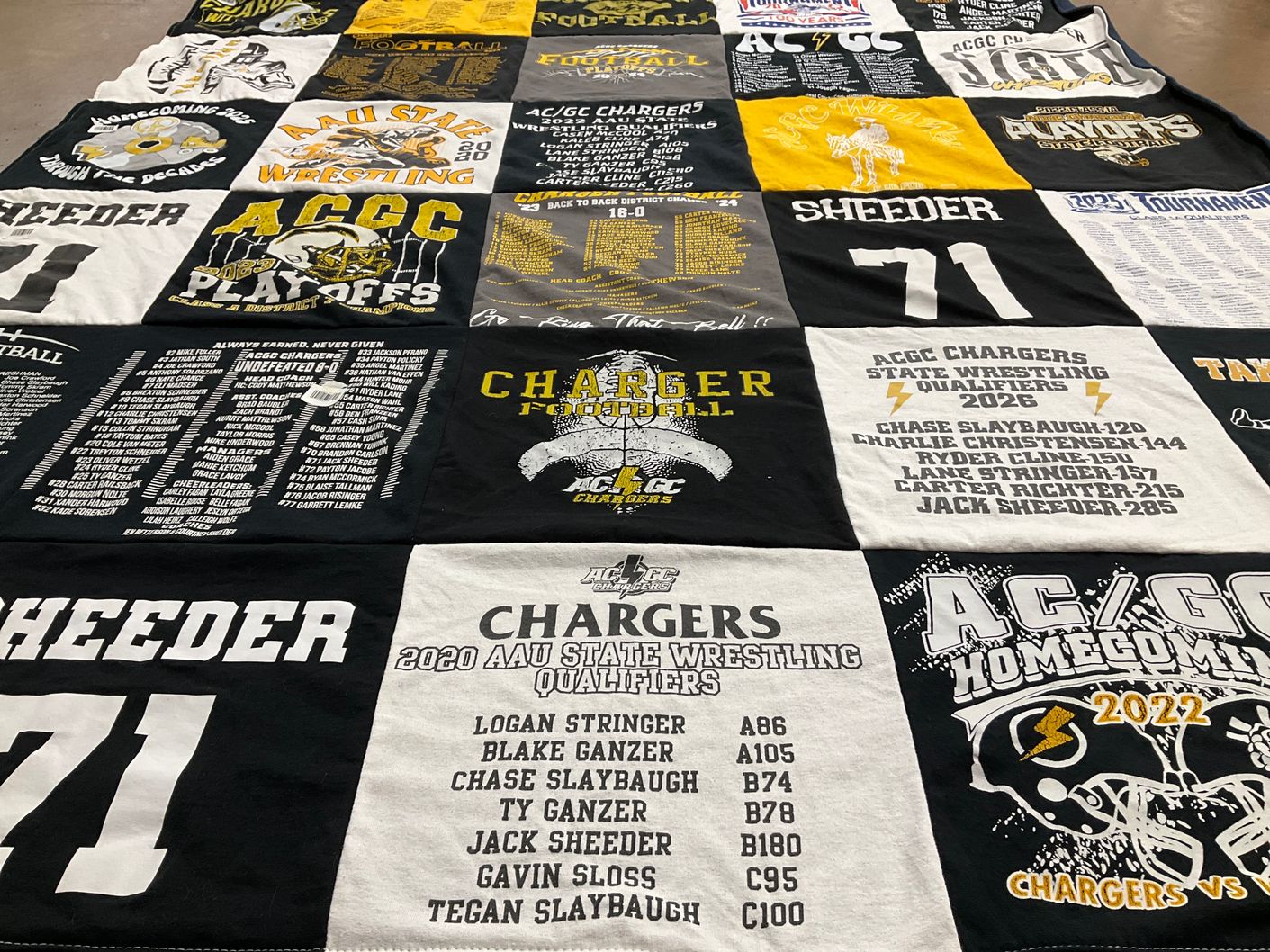 T-shirt quilt featuring acgc chargers by Courtney from IA