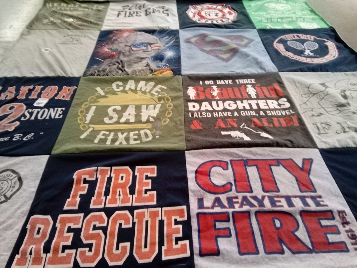 T-shirt quilt with firefighting, family themes by Sarah from GA