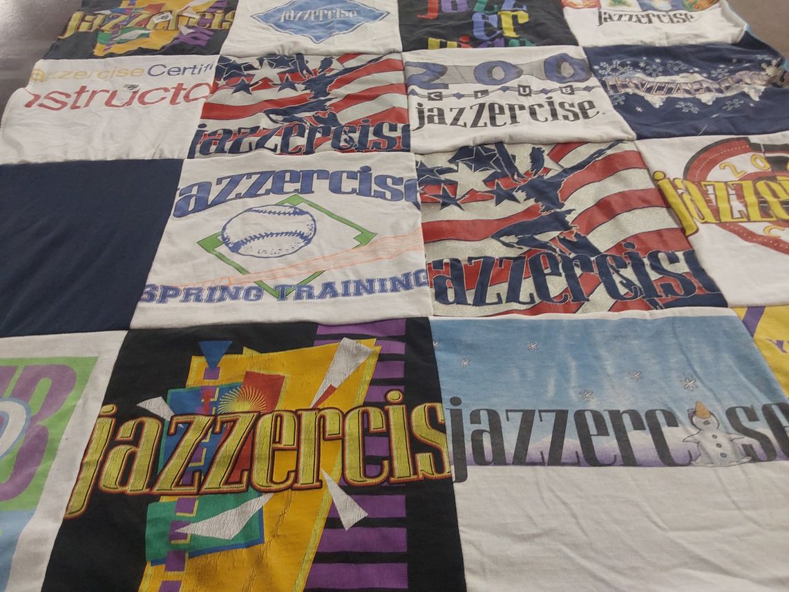 T-shirt quilt with fitness, exercise themes by Shannon from FL