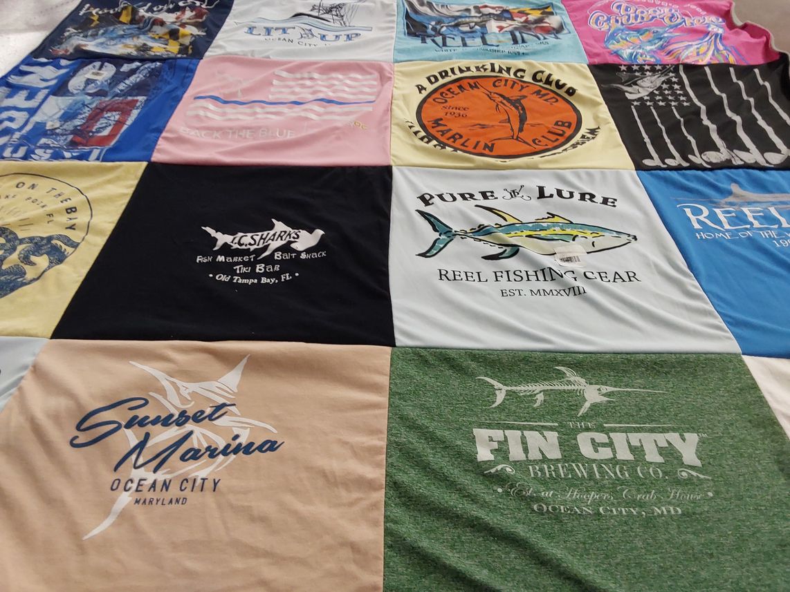 T-shirt quilt with fishing, brewing themes by Kimberly from MD