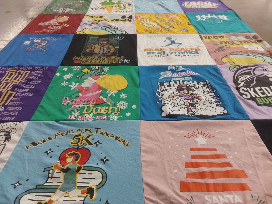 T-shirt quilt with running, charity themes by vanessa from CA