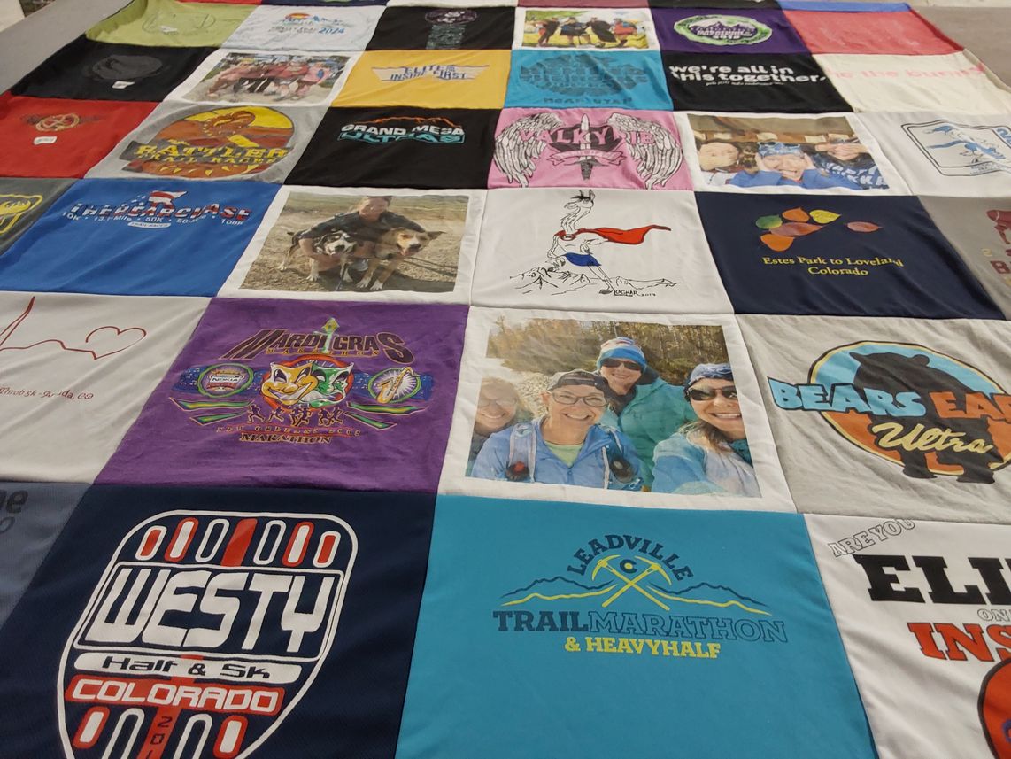 T-shirt quilt with running, marathon themes by Erica from CO