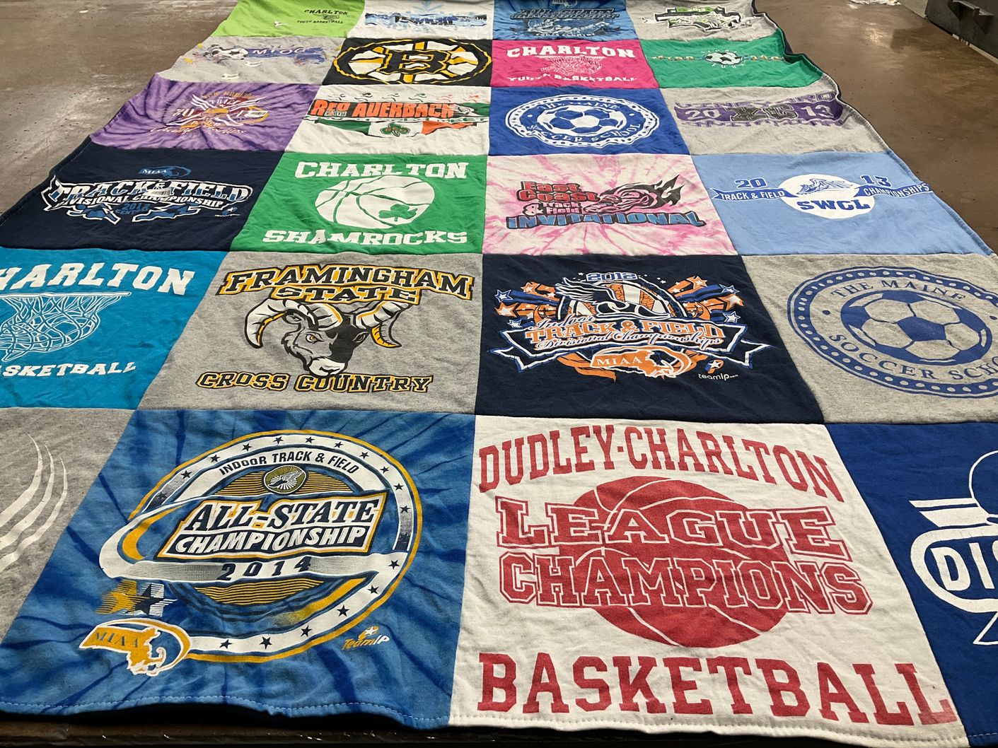 T-shirt quilt featuring charlton high school basketball, framingham state university cross country by Valerie from MA