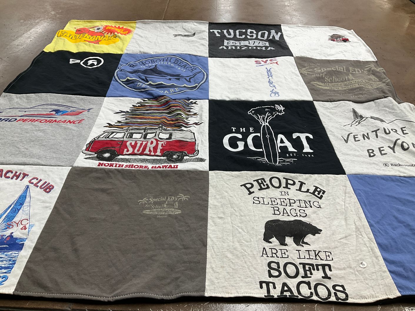 T-shirt quilt with surfing, yachting themes by Madison from WA