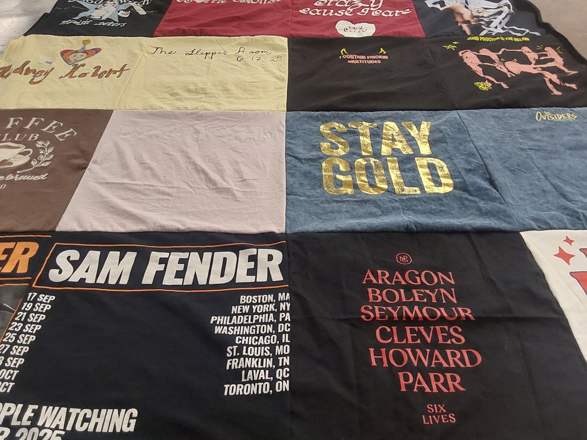 T-shirt quilt with music, art themes by Stella from TN