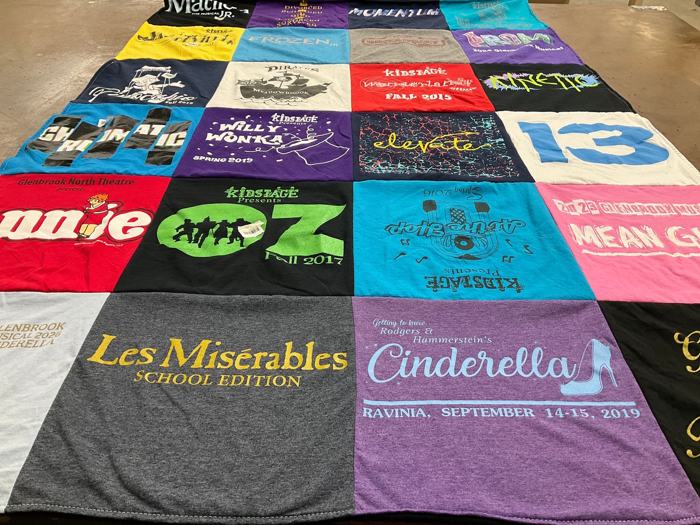 T-shirt quilt with theatre, musicals themes by jodi from IL