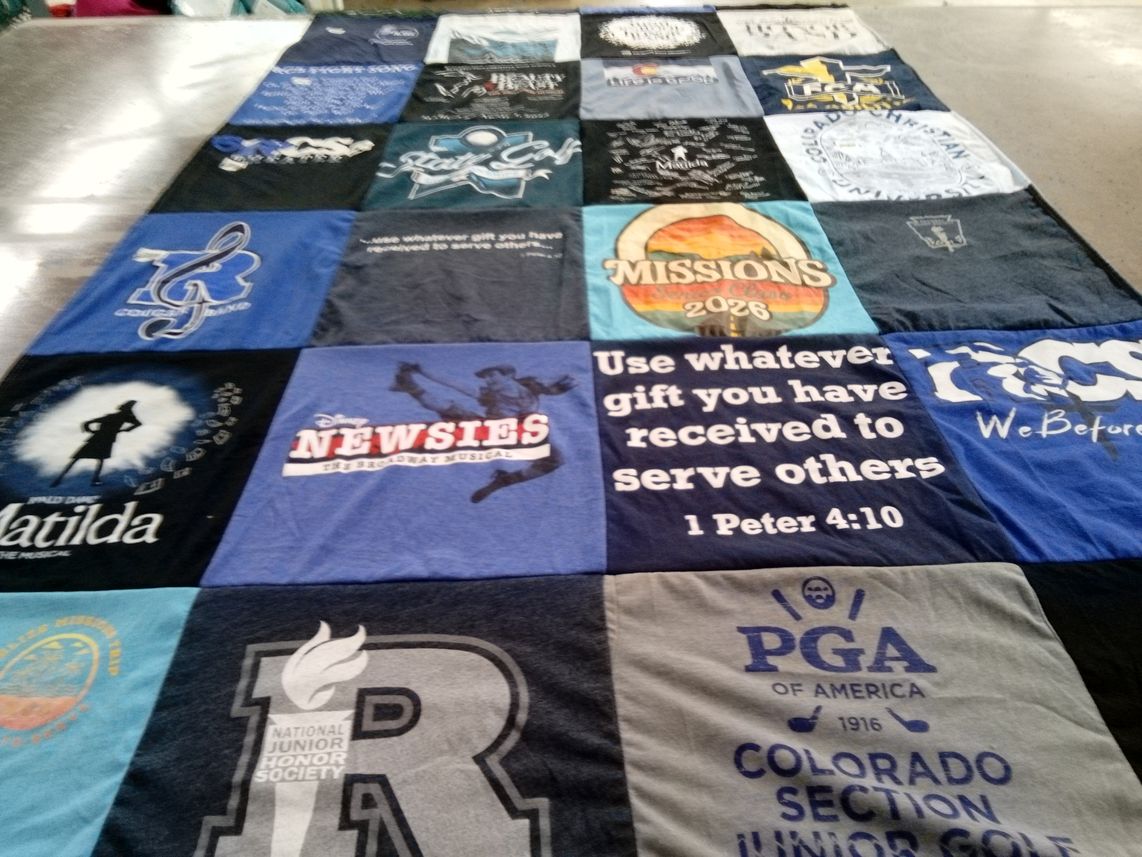 T-shirt quilt with theater, music themes by Karina from CO