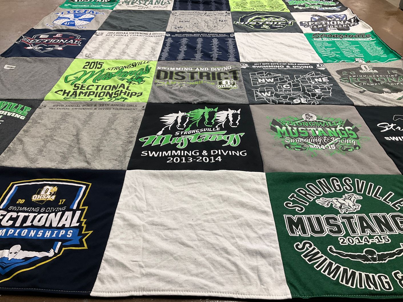 T-shirt quilt featuring strongsville mustangs swimming and diving by Kim from OH