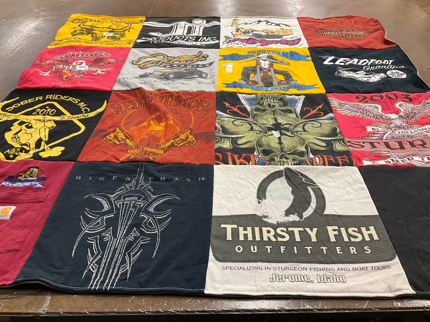 T-shirt quilt with motorcycles, fishing themes by Riley from ID