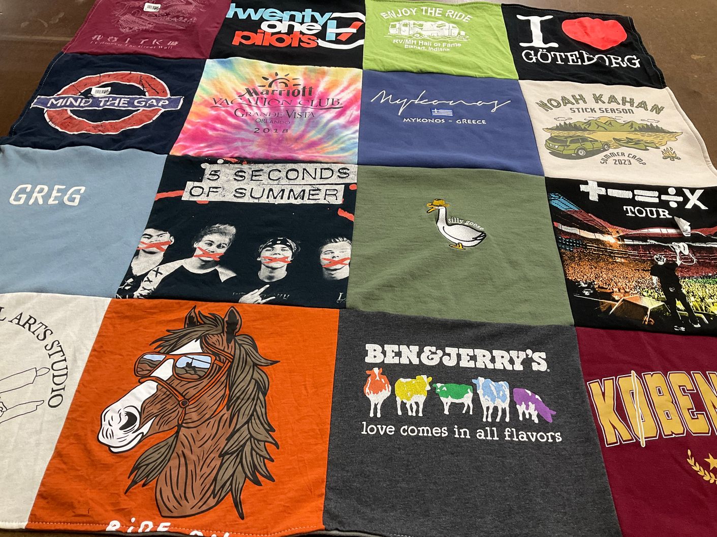 T-shirt quilt with music, travel themes by Molly from CO