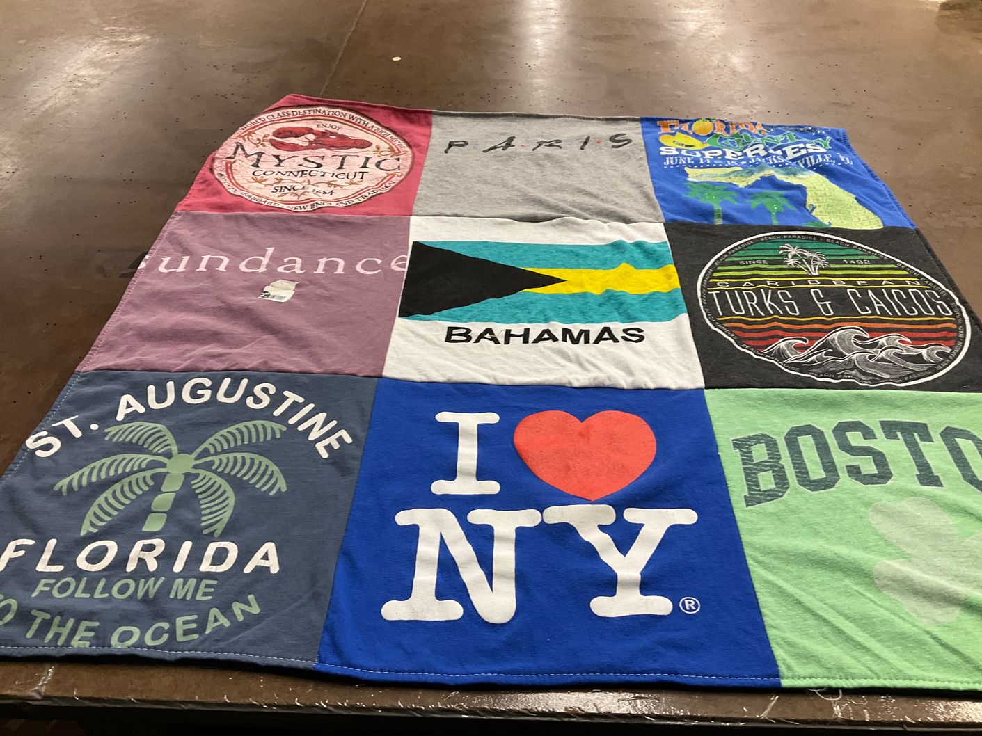 T-shirt quilt with travel, beaches themes by Steven from TX