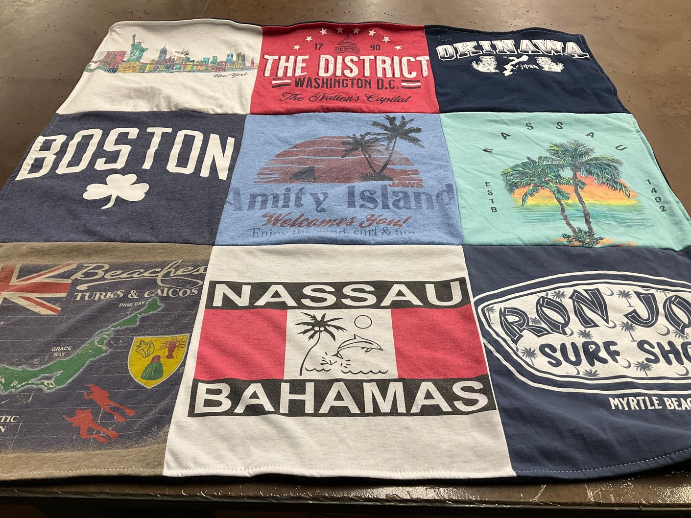 T-shirt quilt with travel, beaches themes by Steven from TX