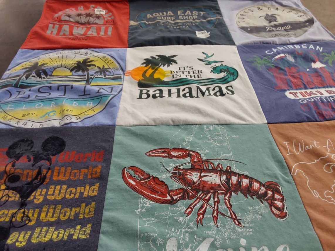 T-shirt quilt with beaches, vacation themes by Steven from TX