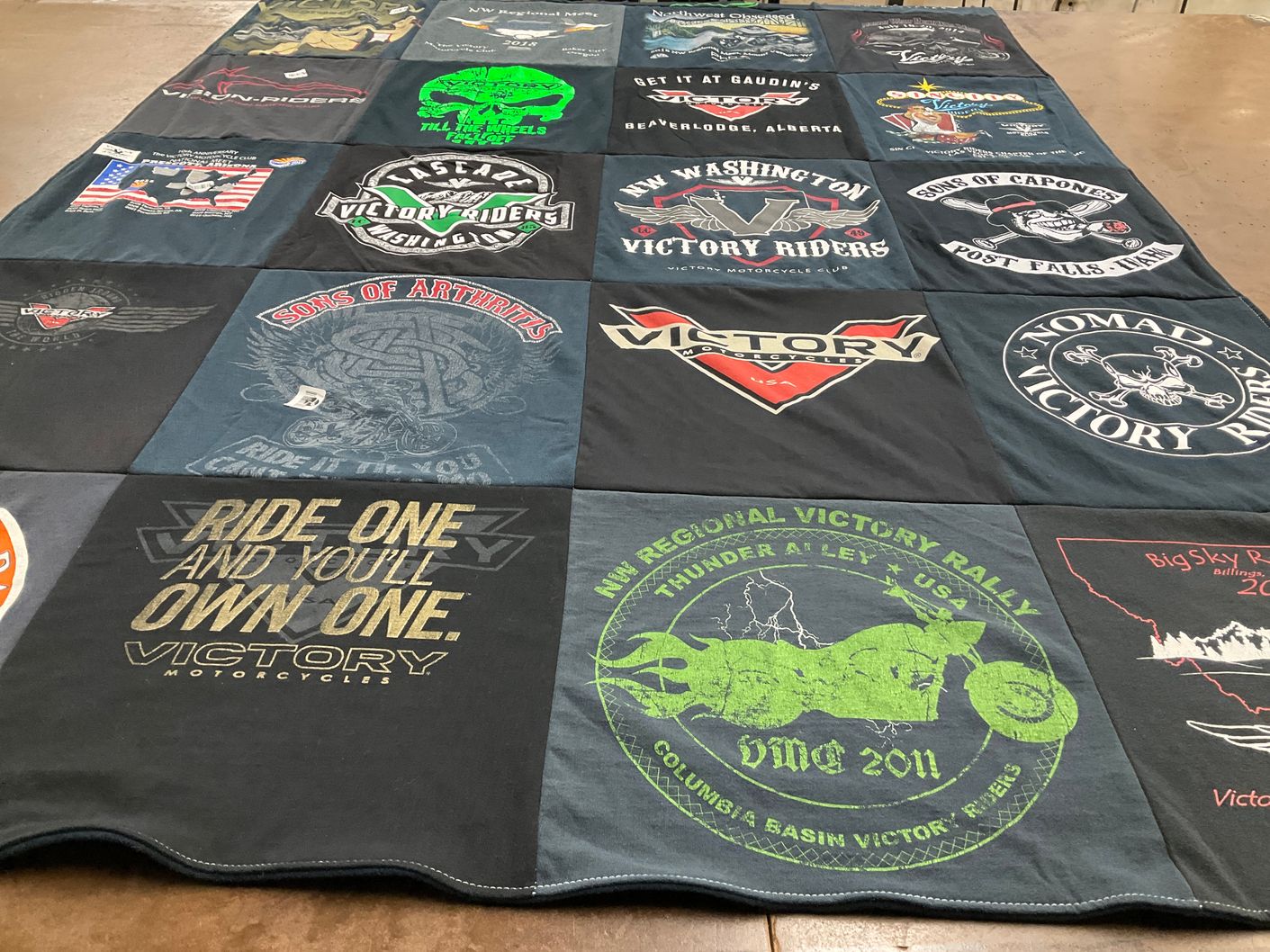 T-shirt quilt with motorcycles, biking themes by Scott from WA