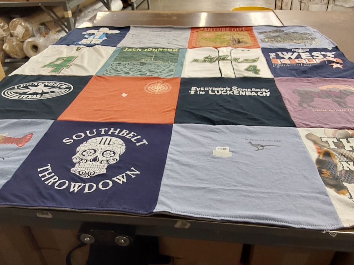 T-shirt quilt with music, outdoor themes by Kelly from TX