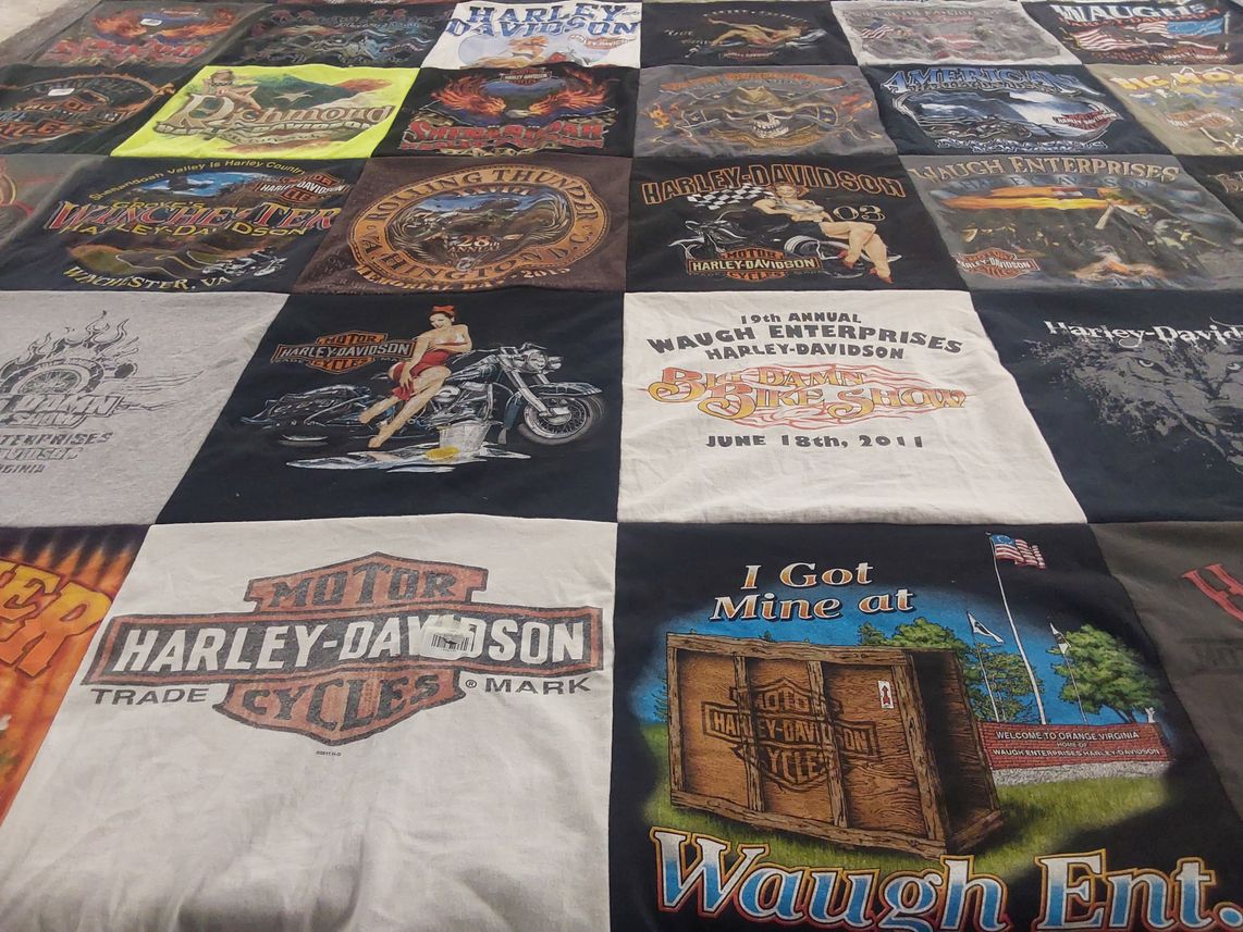 T-shirt quilt with motorcycles, biking themes by Teresa from VA