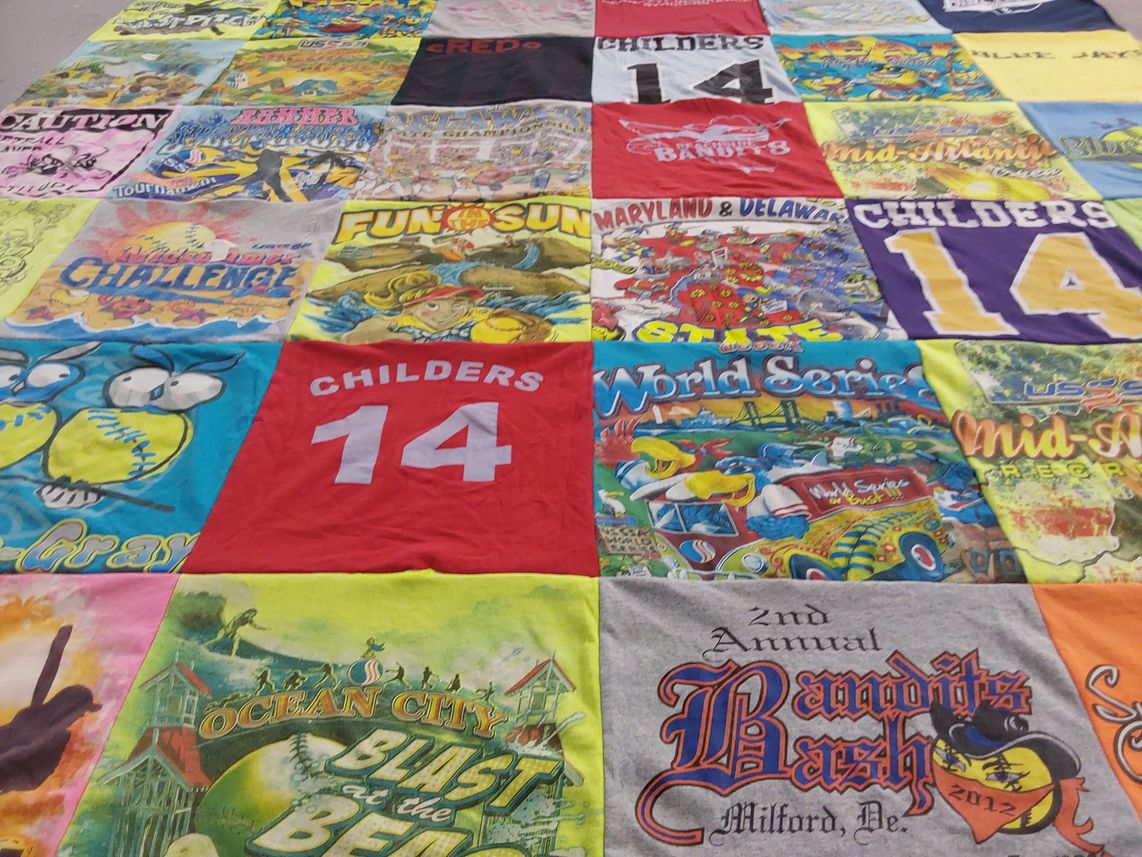 T-shirt quilt with softball, community events themes by Heather from DE