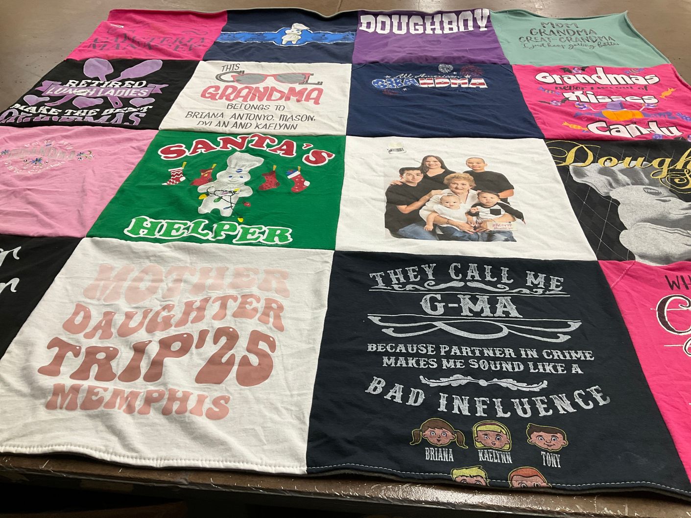 T-shirt quilt with family, christmas themes by Tereasa from CA