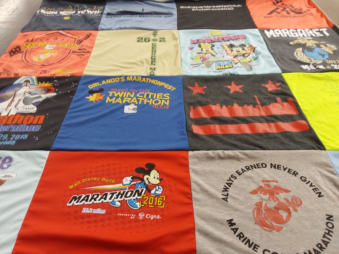 T-shirt quilt with running, fitness themes by Margaret from FL