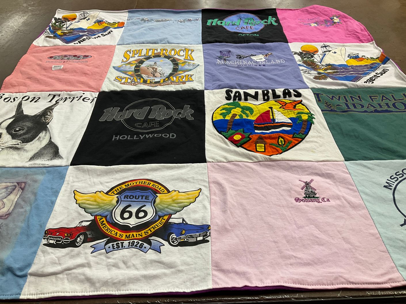 T-shirt quilt with travel, dogs themes by Wendy from CA