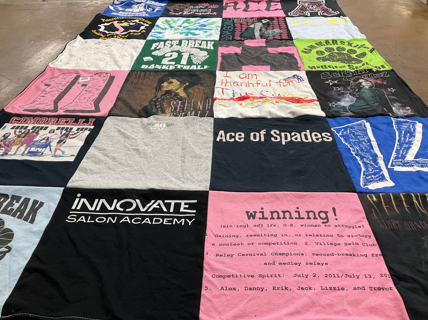 T-shirt quilt with basketball, music themes by Sandra from NJ