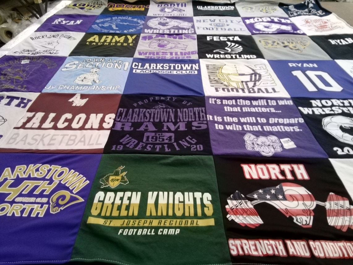 T-shirt quilt featuring clarkstown rams, clarkstown falcons by Laura from NY