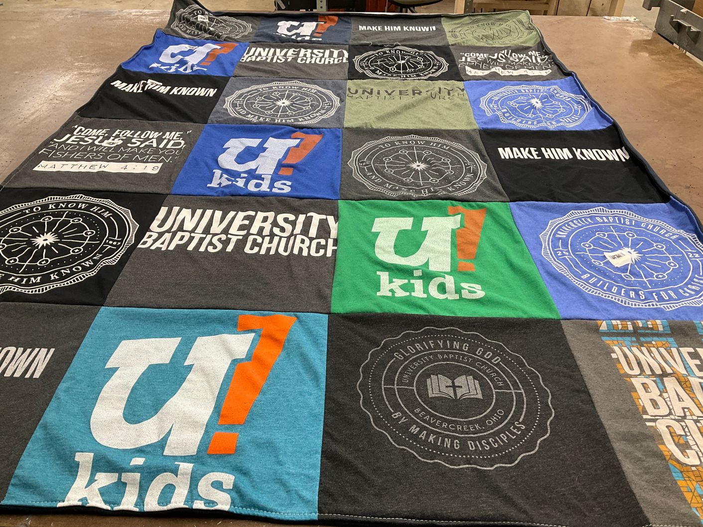 T-shirt quilt with youth ministry, religion themes by M. from OH