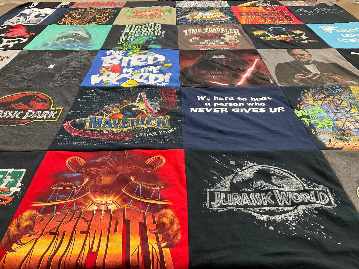 T-shirt quilt with amusement parks, dinosaurs themes by Wendy from PA