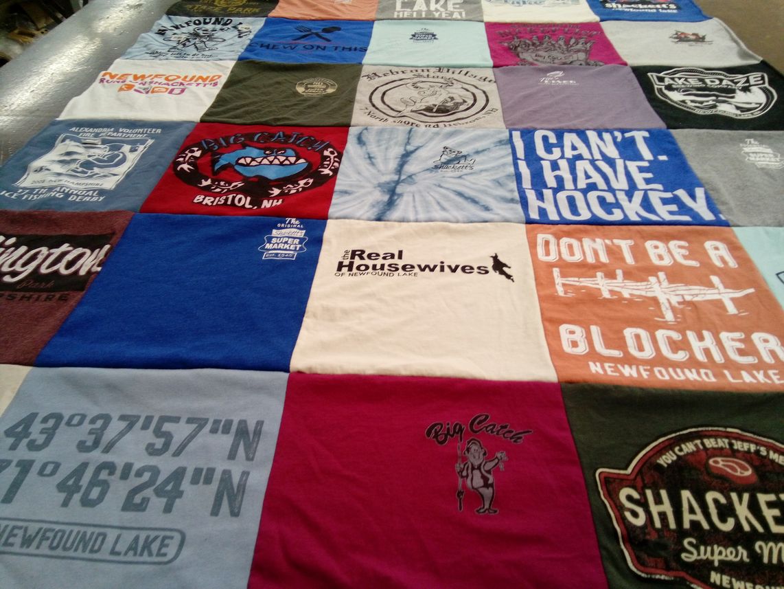 T-shirt quilt with fishing, hockey themes by Alyson from MA