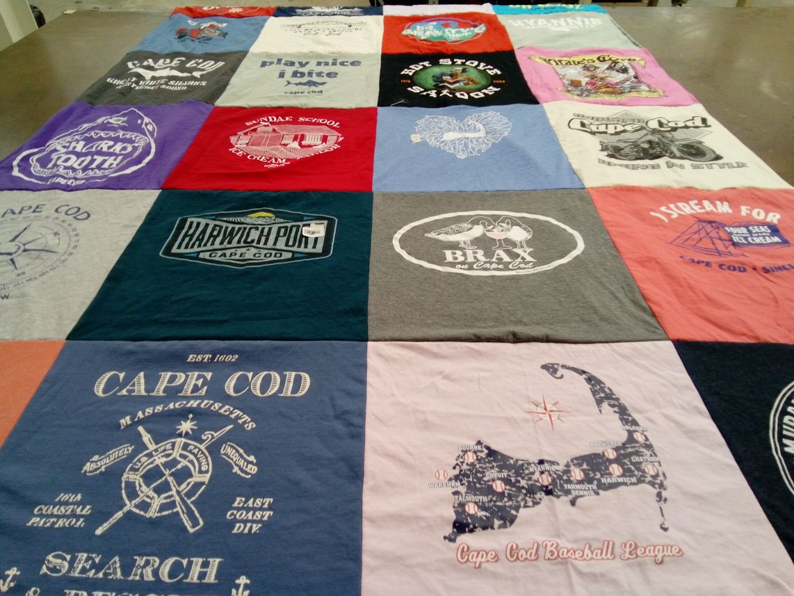 T-shirt quilt with beaches, ice cream themes by Donna from NY