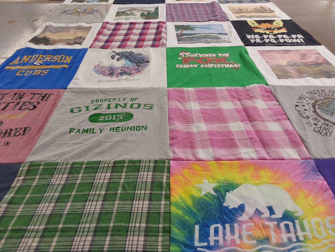 T-shirt quilt with family reunions, outdoor activities themes by Laura from CA