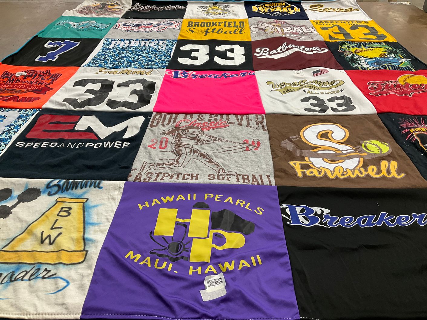 T-shirt quilt with softball, sports themes by sandi from FL