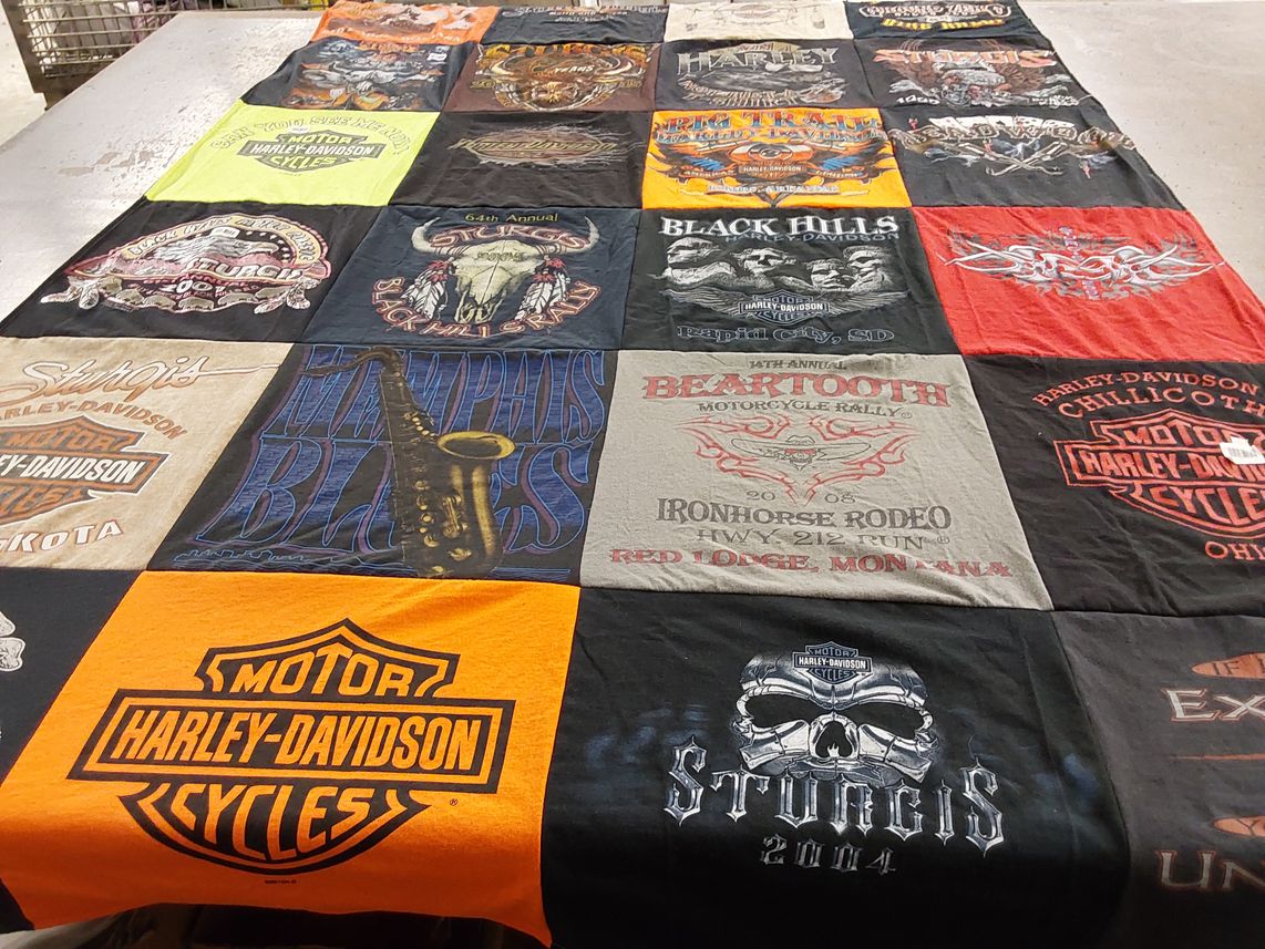 T-shirt quilt with motorcycles, music themes by Theresa from SD