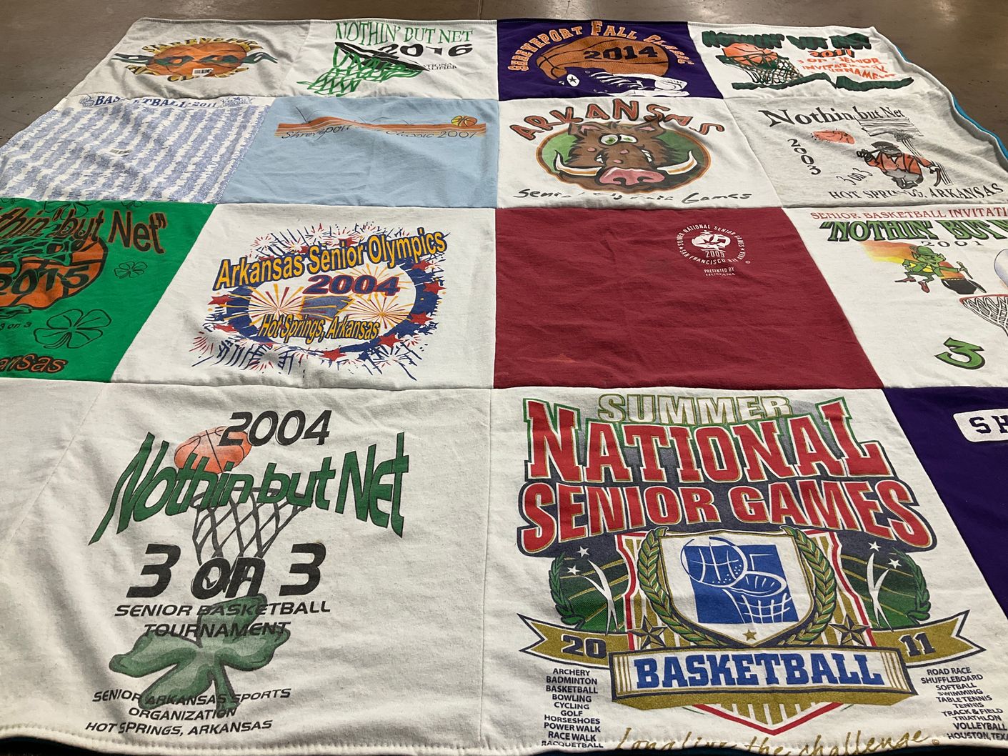 T-shirt quilt with basketball, senior games themes by Susan from AR
