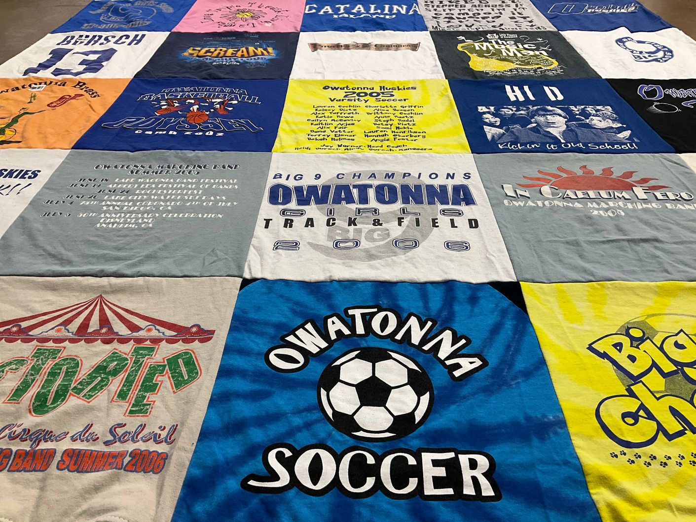 T-shirt quilt featuring owatonna soccer team, owatonna girls track and field team by Heidi from MN